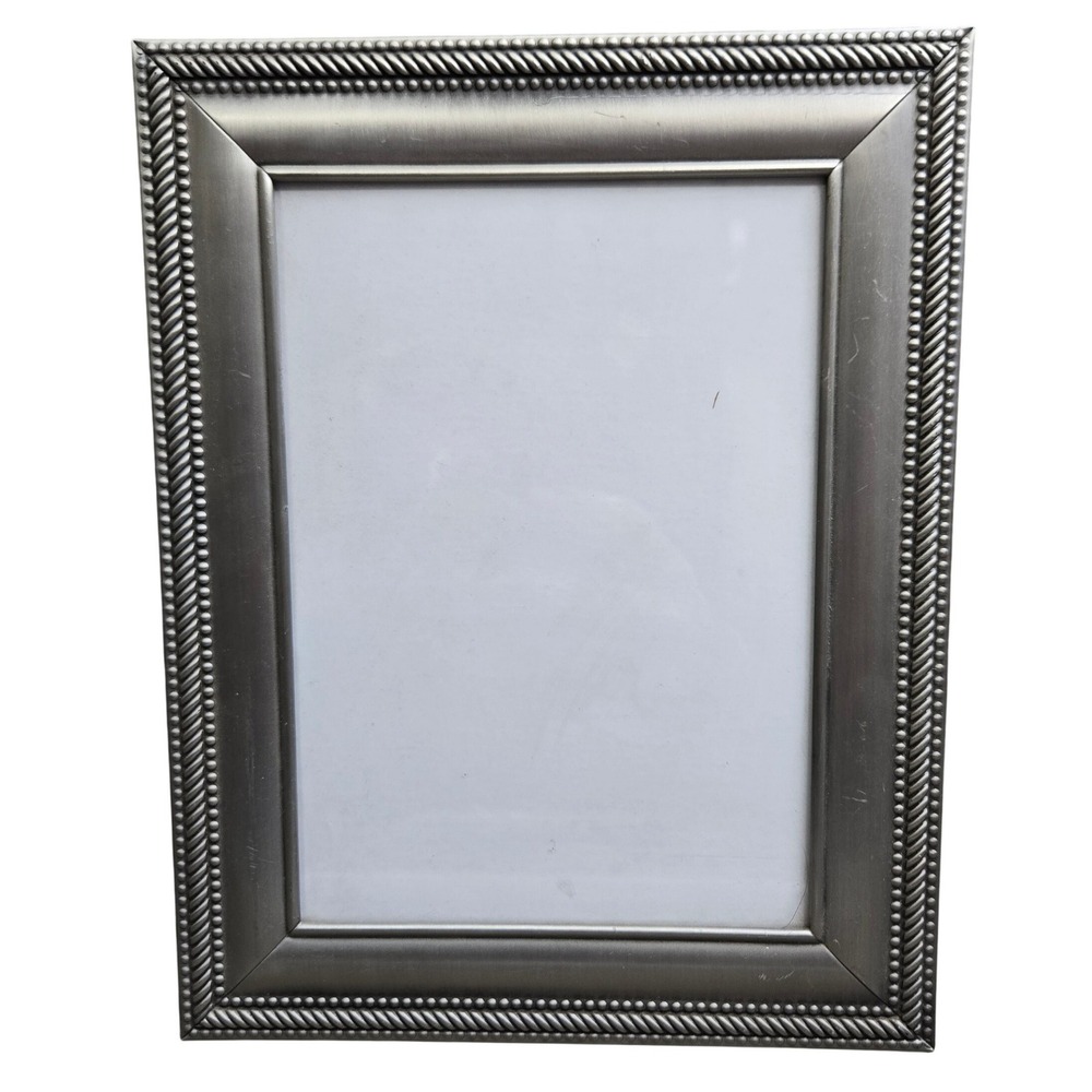 Brushed Silver Tone Picture Frame 5x7 Rope Beaded Edge Tabletop Display Stand
